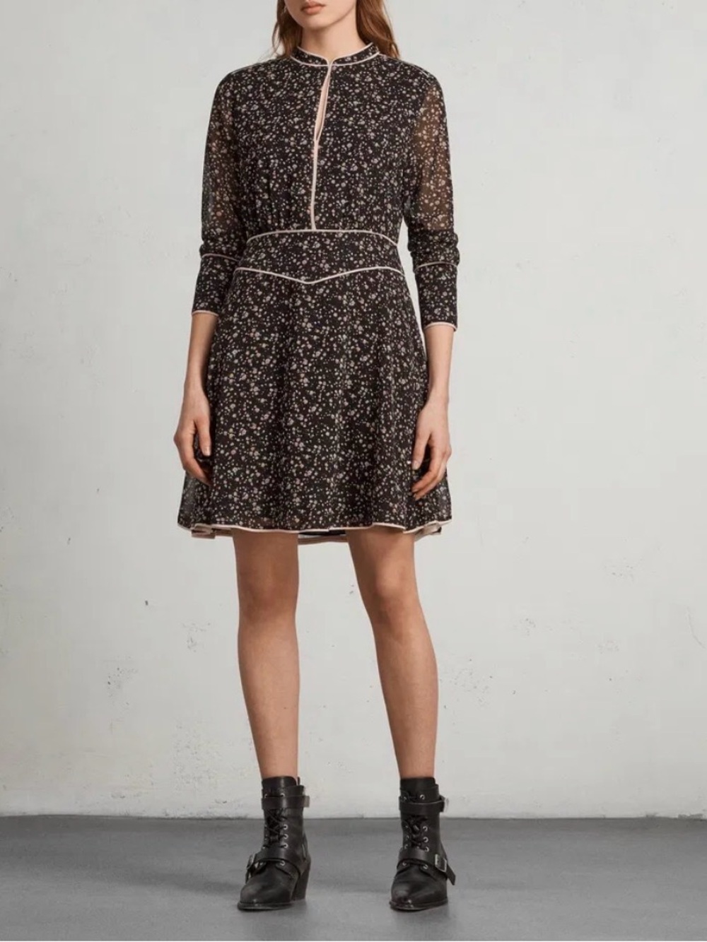 All Saints Kay Pepper Piped Long-Sleeve Dress